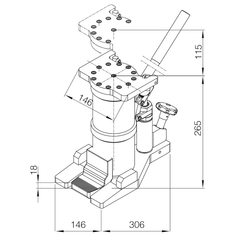 Risszeichnung des hydraulischen Hebegerätes / Maschinenhebers U6 für 6 Tonnen Traglast